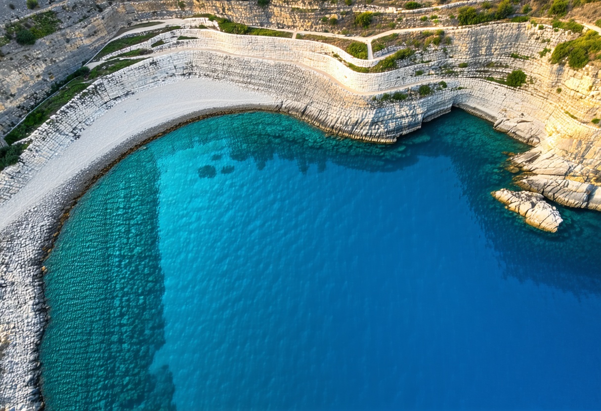 Aerial view of the Mediterranean coastline with turquoise water and limestone terrain