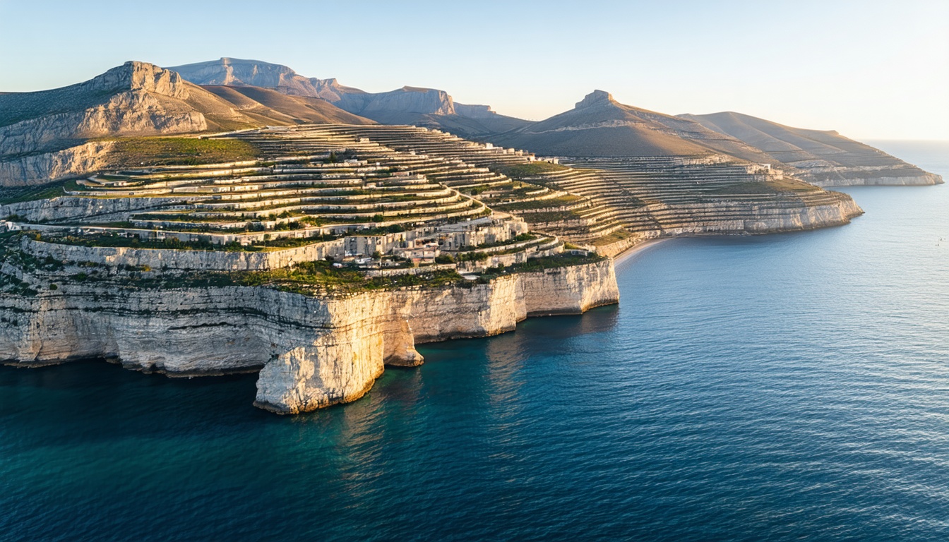 Aerial view of a Mediterranean coastal zone with terraced hillside, deep blue water, and pale limestone rock